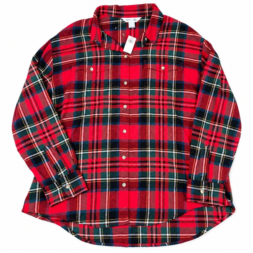 OLD NAVY The Boyfriend Flannel Shirt Women L Red Holiday Plaid Flap PocketsNWT
